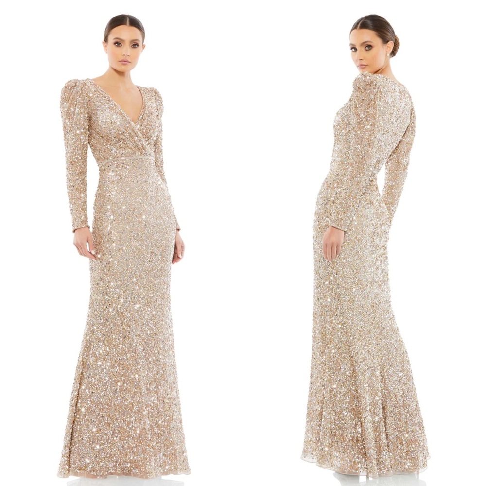 NEW NWT Mac Duggal Puff Shoulder Sequined Surplice Gown Shimmering Gold